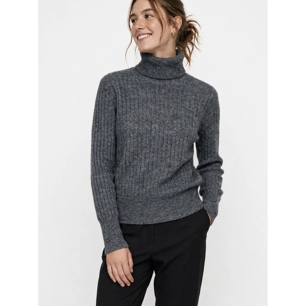 Zara Gray Wool Alpaca Blend Ribbed Turtleneck Sweater L Cozy Minimalist Knit